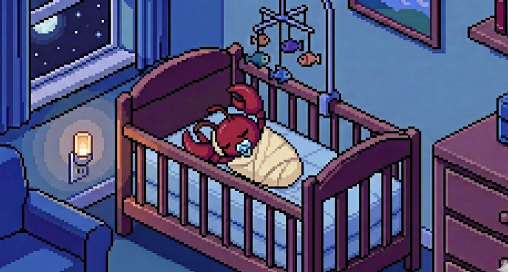 CribClaw - pixel art lobster sleeping in a crib